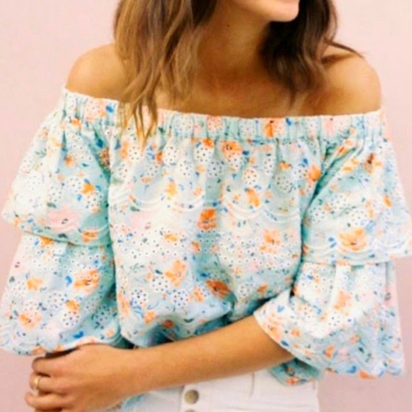 Anthropologie Laia Ashtabula Micro-Floral Eyelet Off-the-Shoulder Women's Top S - Picture 1 of 9